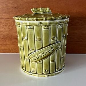 Vintage bamboo ceramic cookie jar made in Japan